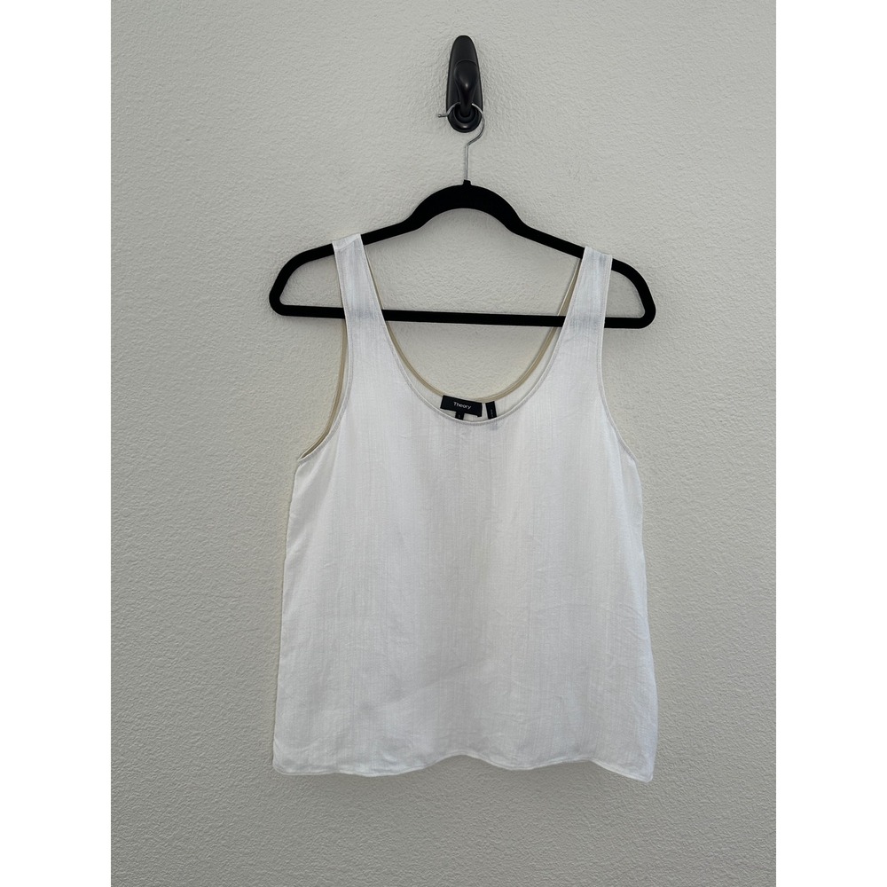 Theory White Herringbone Linen Blend Scoop Neck Tank Top Minimalist L